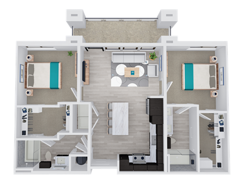Floor plan for 2 beds, 2 baths, 943 sqft